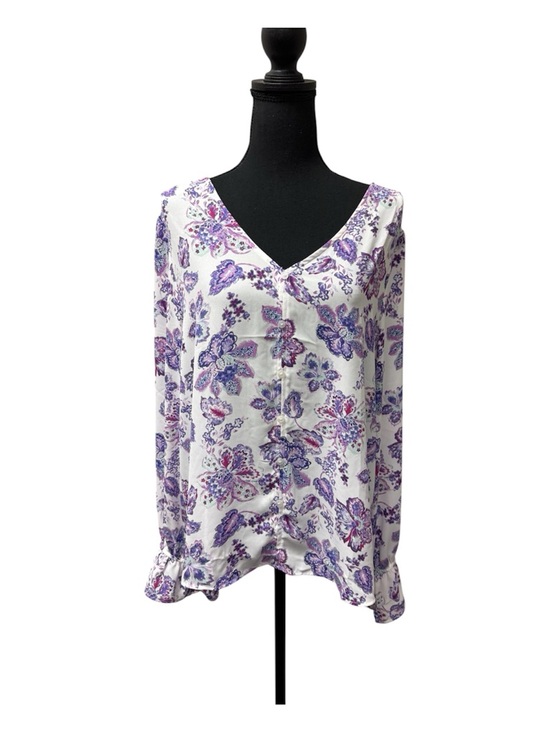 LOFT Tops - LOFT XL Purple White Floral Blouse Button Front Long Sleeve Boho Chic Top